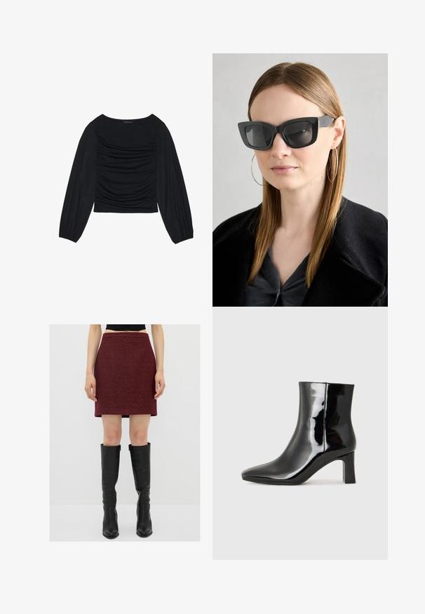 Schwarzes Langarmoberteil mit gerafftem Stoffdetail an der Vorderseite und an den Handgelenken, aus weichem, elastischem Material mit einem U-Boot-Ausschnitt.; adL Minirock - claret red; Schwarzer Lackleder-Stiefelette mit spitzer Zehe und einem mittelhohen Blockabsatz. Glatte Textur und minimalistisches Design.; Schwarze Katzenaugen-Sonnenbrille mit dunklen Gläsern, dicken Rahmen und subtilen Akzenten. Getragen mit einem schwarzen Mantel und einem grauen Oberteil, dazu lange, glatte Haare.
