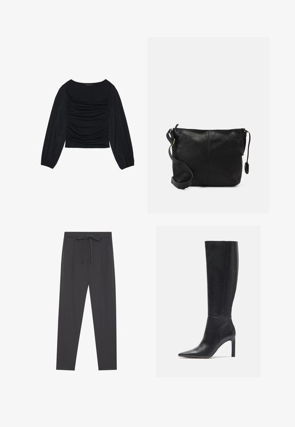 Čierny top s dlhým rukávom s drapovaným detailom na prednej časti a zápästiach, vyrobený z mäkkého, elastického materiálu s lodným výstrihom.; Tmavošedé nohavice s elastickým pásom, dvoma bočnými vreckami, rovnými nohavicami a hladkou textúrou látky. Vhodné na voľný čas.; Čierne kožené stiletto čižmy do výšky kolien s špicatou špičkou a hladkým povrchom, s elegantným dizajnom a minimálnymi švovými detailmi.; Čierna kožená crossbody taška s plochým tvarom, zlatými kovovými akcentmi a nastaviteľným popruhom. Hladký povrch s minimálnymi švíkmi.