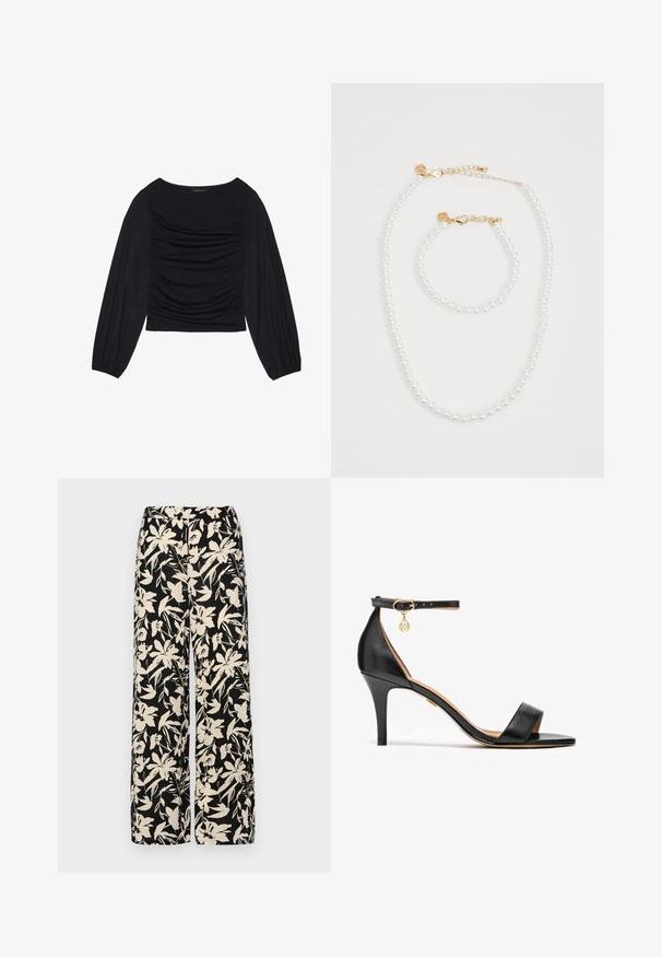 Čierny top s dlhým rukávom s drapovaným detailom na prednej časti a zápästiach, vyrobený z mäkkého, elastického materiálu s lodným výstrihom.; Čierne nohavice s širokými nohavicami a krémovým kvetinovým vzorom. Vyrobené z ľahkej látky, s hladkou textúrou a vysokým pásom.; Čierne kožené sandále na vysokom opätku s jedným pásikom cez prsty, pásikom okolo členku, zlatými detailmi a štíhlym ihlovým opätkom.; Súprava perlového náhrdelníka a náramku s bielymi perlami a zlatým kovovým doplnkom a zámkom, ktorý vystihuje hladkú, guľatú štruktúru.