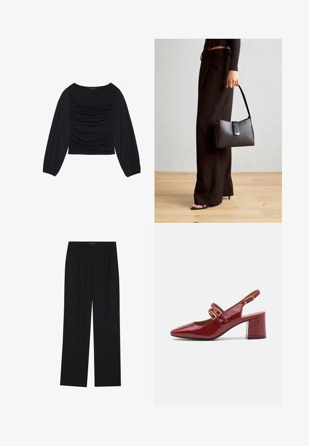Čierny top s dlhým rukávom s drapovaným detailom na prednej časti a zápästiach, vyrobený z mäkkého, elastického materiálu s lodným výstrihom.; Čierne nohavice so strihom rovného nohu, s dvoma prednými vreckami a pásom. Vyrobené z hladkej, ľahkej textílie.; Červená laková slingback topánka s špicatou špičkou, dvomi sponami na prednej strane a hrubým blokovým podpätkom. Hladký, lesklý povrch.; Čierna kabelka so štruktúrovaným tvarom, hladkou textúrou a kovovou sponou. V kombinácii so širokými čiernymi nohavicami a sandálmi s otvorenou špičkou na drevenej podlahe.