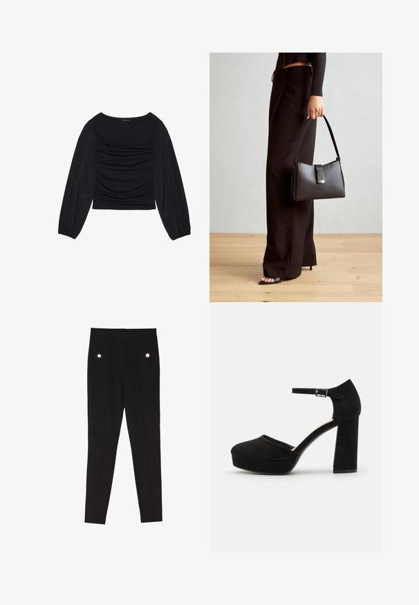 Top lung cu maneci lungi, de culoare neagră, având detalii din material plisat în față și la încheieturi, realizat dintr-un material moale și elastic, cu decolteu tip barcă.; Pantaloni negri din stofă fină, cu o textură netedă, având două buzunare frontale cu accente decorative din metal și un design slim-fit.; Pantofi cu toc platformă din suede negru, cu un toc gros și pătrat, vârf rotund și curea pentru gleznă prinsă cu o cataramă metalică. Textură netedă pe toată suprafața.; Genți negre cu o formă structurată, textură netedă și un închizător metalic. Asortată cu pantaloni negri largi și sandale cu vârf deschis pe un podea din lemn.