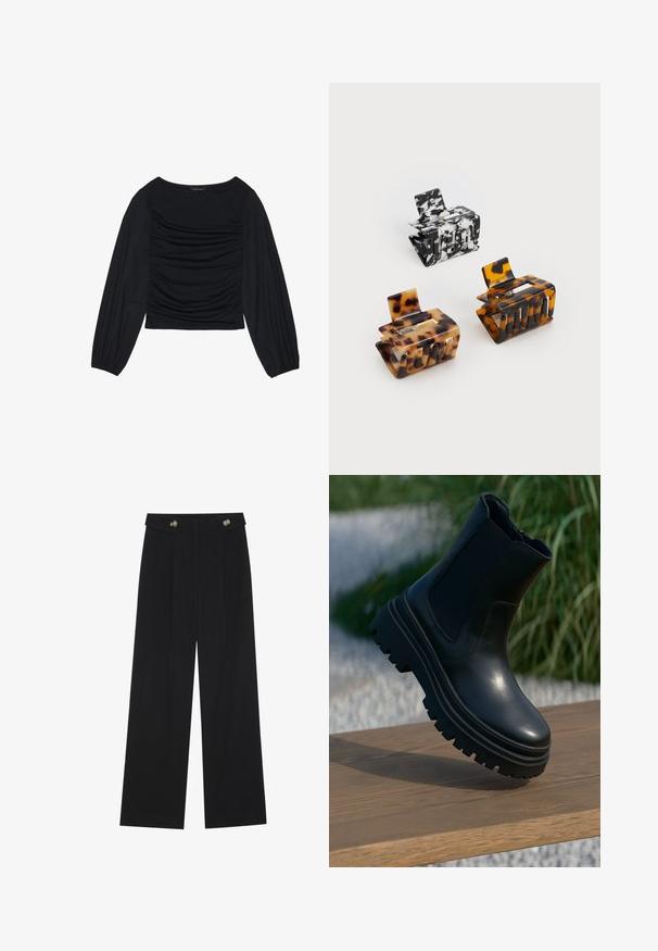 Černý top s dlouhým rukávem, který má na přední straně a zápěstích nařasený materiál. Je vyroben z měkkého, elastického materiálu a má lodní výstřih.; Černé široké kalhoty s vysokým pasem, detailní knoflíky na pase a přední záhyby.; Černá kožená kotníková bota s robustní podrážkou, elastickými bočními panely a hladkým povrchem. Vysoký design s kontrastním vzorem na podrážce.; Tři sponky do vlasů: jedna černobíle mramorovaná, dvě želvovinové v hnědých a černých odstínech, všechny vyrobené z lesklého plastu s texturovaným povrchem.