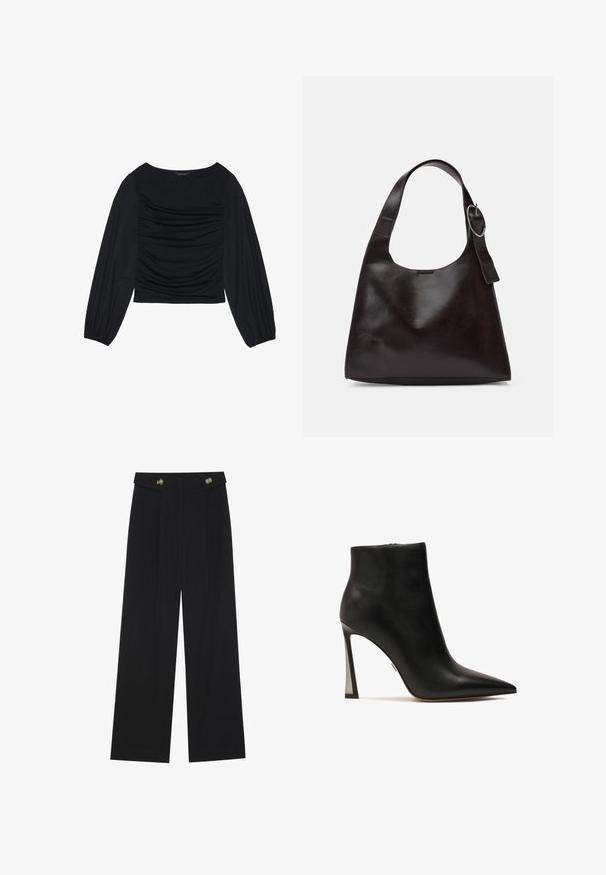 Melna garā piedurkne tops ar savilktām auduma detaļām priekšā un pie plaukstām, izgatavots no mīksta, elastīga materiāla ar laivu kakla izgriezumu.; Melnas platās bikses ar augstu jostasvietu, pogu detaļām uz jostas un priekšējām krokām.; Kazar VERA - Klasiski papēži - black; Brūns ādas plecu soma ar gludu tekstūru, noapaļu formu, platu jostu un apaļu metāla akcentu uz roktura.