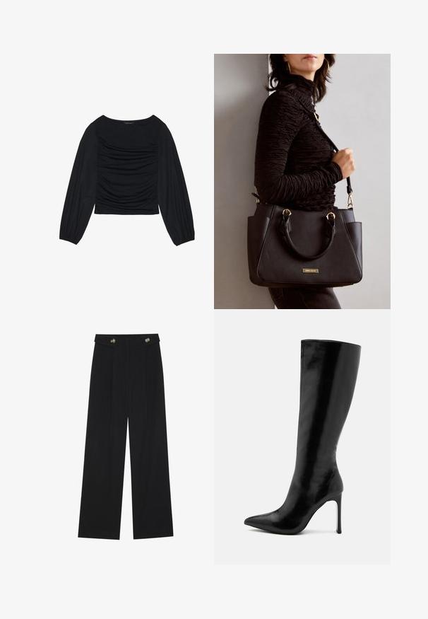 Zwarte longsleeve top met geplooid stofdetail aan de voorkant en bij de polsen, gemaakt van zachte, rekbare stof met een barco neckline.; Zwarte wijde broek met hoge taille, knoopdetails op de tailleband en plooien aan de voorkant.; Zwarte knielange laars van glanzend leer, met een puntige neus en een slanke stilettohak. Glad textuur met een minimalistisch ontwerp.; Zwarte handtas met gestructureerd oppervlak, dubbele bovenhandvatten en verstelbare schouderriem. Voorzien van goudkleurige hardware en zijzakken.