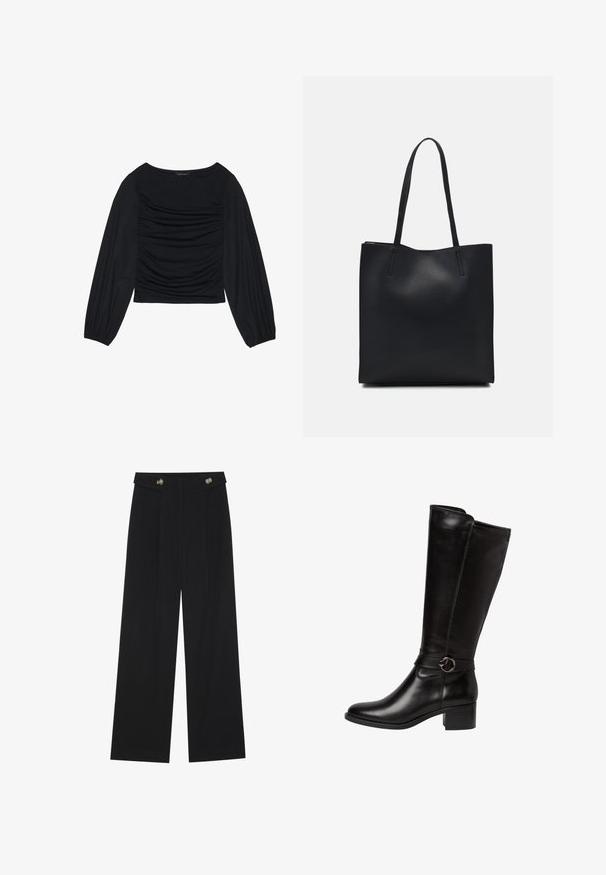 Top preto de manga longa com detalhe de tecido franzido na parte da frente e nos pulsos, feito de material suave e elástico com decote à barco.; Calças largas pretas com cintura alta, detalhes em botão na cintura e pregas frontais.; Bota de couro preta até ao joelho com bico arredondado, uma tira decorativa com uma fivela circular e um salto bloco baixo. Textura suave e brilhante.; Bolsa tote preta em couro com textura lisa, forma retangular e duas alças longas. Sem hardware ou enfeites visíveis.