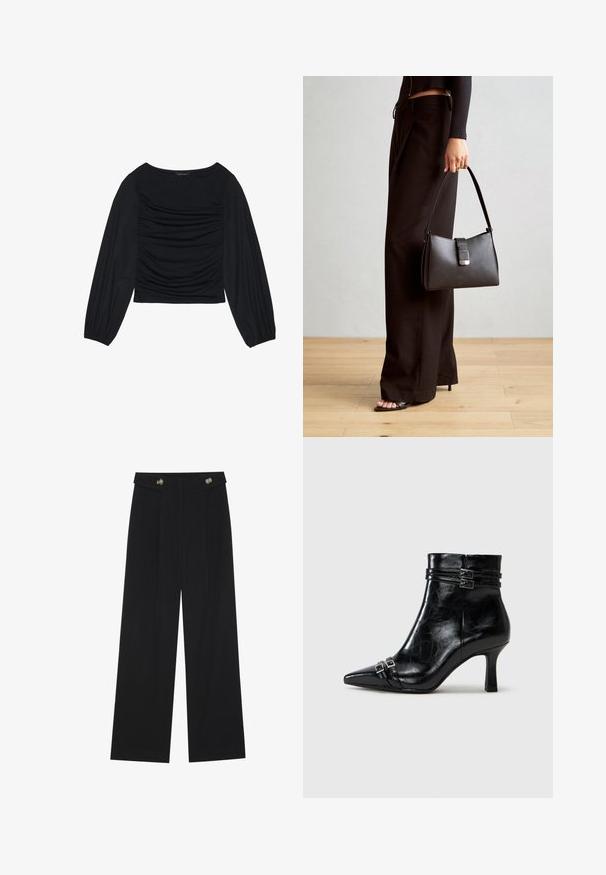 Must mustaga, millel on ees ja randmetel kokku tõmmatud kangadetailid, valmistatud pehmest ja venivast materjalist ning paadi kaelusega.; Mustad laiad püksid kõrge vöökoha ja nööpdetailidega vööandil, esikortsudega.; Tamaris Täistallaga poolsaapad - black; Must musta kott, millel on struktureeritud kuju, sile tekstuur ja metallist klamber. Kombineeritud laiate mustade pükstega ja avatud varvaste sandaalidega puidust põrandal.