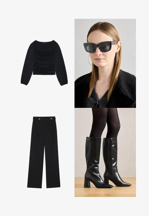 Top preto de manga longa com detalhe de tecido franzido na parte da frente e nos pulsos, feito de material suave e elástico com decote à barco.; Calças largas pretas com cintura alta, detalhes em botão na cintura e pregas frontais.; Botas de couro pretas até ao joelho, com um acabamento brilhante, ponta afilada e salto grosso. Detalhe de fecho lateral para facilitar o uso.; Óculos de sol pretos em formato de gato com lentes escuras, armações grossas e acentos subtis. Usados com um casaco preto e uma blusa cinza, apresentando cabelo longo e liso.