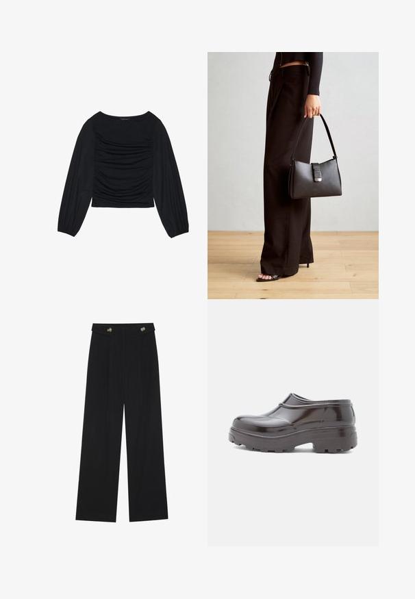Black long-sleeve top featuring gathered fabric detail at the front and wrists, made of soft, stretchy material with a boat neckline.; Black wide-leg trousers with high waist, button details on waistband, and front pleats.; Brown glossy clogs with a rounded toe, raised seam detailing, and a thick textured sole for enhanced grip and support.; Black handbag with structured shape, smooth texture, and a metallic clasp. Paired with wide black pants and open-toe sandals on wooden floor.