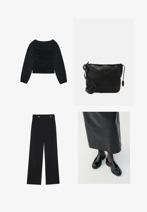 Zwarte longsleeve top met geplooid stofdetail aan de voorkant en bij de polsen, gemaakt van zachte, rekbare stof met een barco neckline.; Zwarte wijde broek met hoge taille, knoopdetails op de tailleband en plooien aan de voorkant.; Zwarte leren loafers met een gladde afwerking, voorzien van een decoratieve band, ronde neus en gestructureerde zool. Draagt met een lange zwarte leren rok.; Zwarte leren schoudertas met een platte vorm, gouden hardware-accenten en een verstelbare schouderband. Gladde textuur met minimale stikdetails.