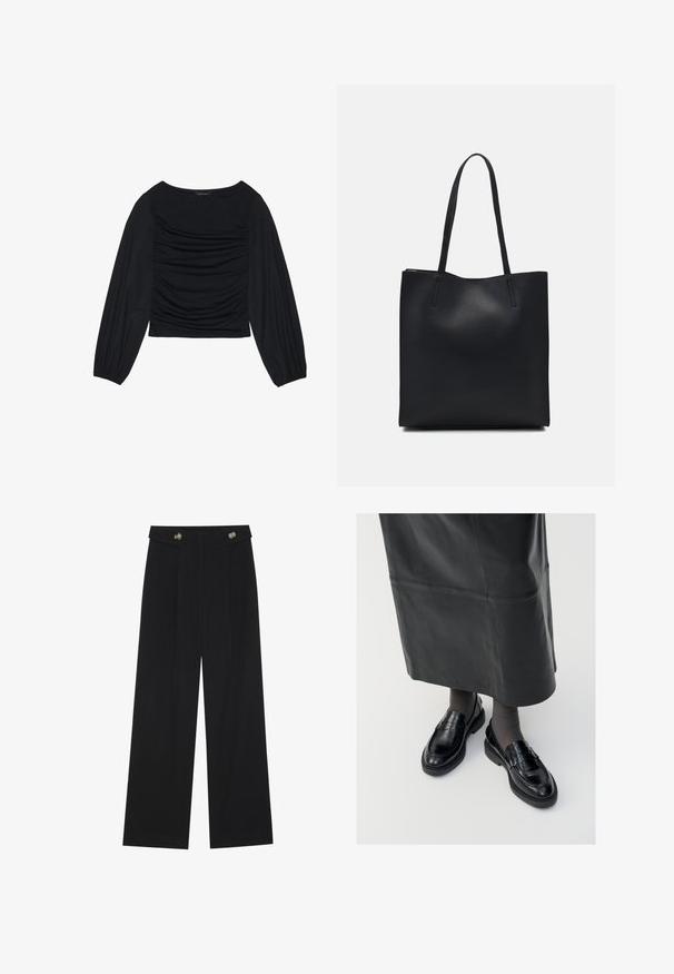 Zwarte longsleeve top met geplooid stofdetail aan de voorkant en bij de polsen, gemaakt van zachte, rekbare stof met een barco neckline.; Zwarte wijde broek met hoge taille, knoopdetails op de tailleband en plooien aan de voorkant.; Zwarte leren loafers met een gladde afwerking, voorzien van een decoratieve band, ronde neus en gestructureerde zool. Draagt met een lange zwarte leren rok.; Zwarte leren handtas met een gladde textuur, rechthoekige vorm en twee lange handvaten. Geen zichtbare hardware of versieringen.