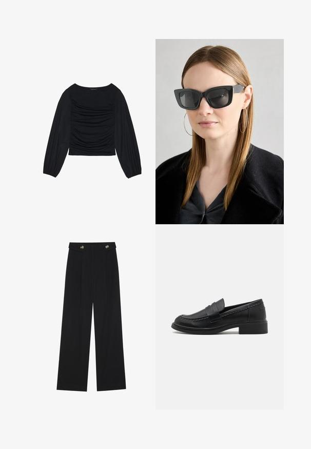 Svart langermet topp med rynket stoffdetalj foran og ved håndleddene, laget av mykt, elastisk materiale med båthals.; Svart vide bukser med høy midje, knappdetaljer på midjebåndet og frontplisser.; Svart lærloafers med rund tå, sydd detaljer og lav blokkheel. Glatt tekstur med slip-on design.; Sorte katteøyne solbriller med mørke linser, tykke rammer og subtile detaljer. Båret med en svart frakk og grå topp, med langt, rett hår.