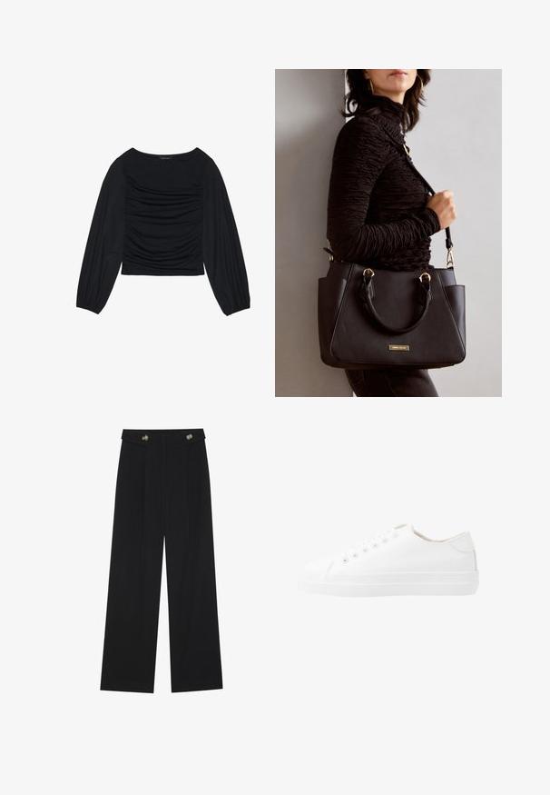 Czarna bluzka z długim rękawem, z marszczonym detalem z przodu i przy nadgarstkach, wykonana z miękkiego, elastycznego materiału z dekoltem w łódkę.; Czarne szerokie spodnie z wysokim stanem, z detalami w postaci guzików na pasku oraz plisami z przodu.; Białe trampki na płaskiej podeszwie, z okrągłym noskiem, sześcioma oczkami i teksturowaną gumową podeszwą. Gładki materiał z minimalnymi akcentami.; Czarna torebka z teksturowanej powierzchni, podwójnymi uchwytami na górze i regulowanym paskiem na ramię. Posiada złote okucia i boczne kieszenie.