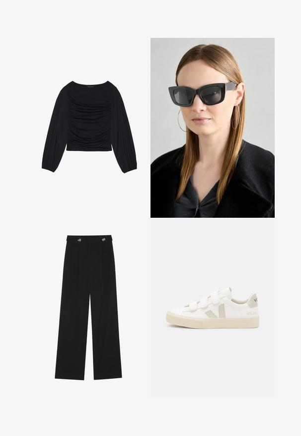 Must mustaga, millel on ees ja randmetel kokku tõmmatud kangadetailid, valmistatud pehmest ja venivast materjalist ning paadi kaelusega.; Mustad laiad püksid kõrge vöökoha ja nööpdetailidega vööandil, esikortsudega.; Valged tenniset, millel on takjapaelad, beežid sametist aktsendid, tekstureeritud kummist tald ja hall V-logo. Minimalistlik disain, ümar kuju.; Must musta prillid tumedate läätsedega, paksude raamidega ja tagasihoidlike aktsentidega. Kantud musta jope ja halli särkiga, pikki sirgeid juukseid kandes.