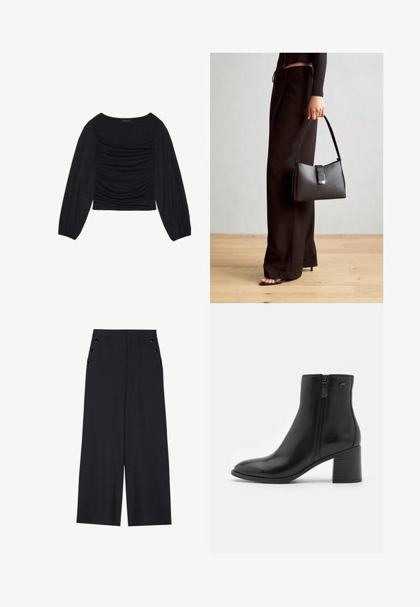 Svart långärmad topp med ruched detalj framtill och vid handleden, tillverkad av mjukt, stretchigt material med en båthals.; Breda byxor i mörkblått tyg med en slät yta, framfickor med veck och dekorativa öljett i guldton på sidofickorna.; Svarta ankelboots i glättat läder med en sidodragkedja. Har en spetsig tå och en texturerad klack för stabilitet.; Svart handväska med strukturerad form, slät yta och metallspänne. Matchad med vida svarta byxor och sandaler med öppen tå på trägolv.