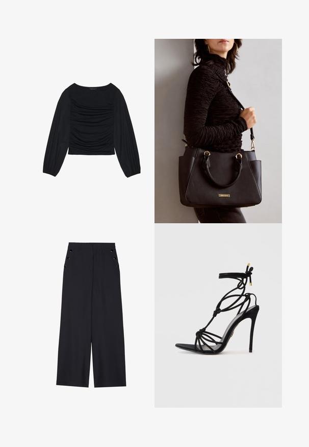 Zwarte longsleeve top met geplooid stofdetail aan de voorkant en bij de polsen, gemaakt van zachte, rekbare stof met een barco neckline.; Zwarte wijde broek in donkerblauw materiaal, met een gladde textuur, voorplooien en decoratieve goudkleurige ogen op de zijzakken.; Zwarte stiletto sandaal met een knoopontwerp, open teen en een slanke hak. Soepele textuur met gouden accenten op de banden.; Zwarte handtas met gestructureerd oppervlak, dubbele bovenhandvatten en verstelbare schouderriem. Voorzien van goudkleurige hardware en zijzakken.