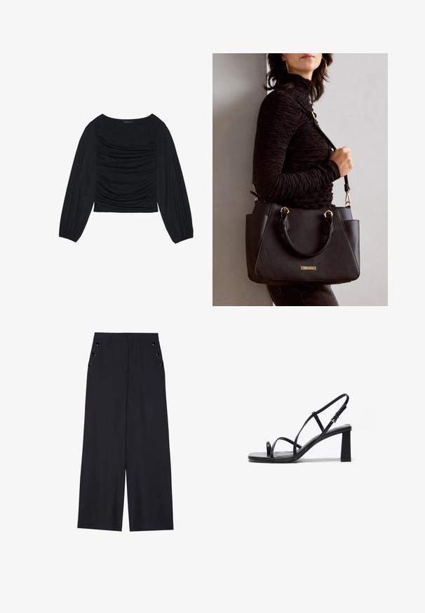 Black long-sleeve top featuring gathered fabric detail at the front and wrists, made of soft, stretchy material with a boat neckline.; Wide-leg trousers in dark navy fabric, featuring a smooth texture, front pleats, and decorative gold-tone eyelets on the side pockets.; Black high-heeled sandals with a square toe, thin adjustable straps, and a chunky block heel. Smooth leather texture with minimal detailing.; Black handbag with textured surface, dual top handles, and adjustable shoulder strap. Features gold-tone hardware and side pockets.