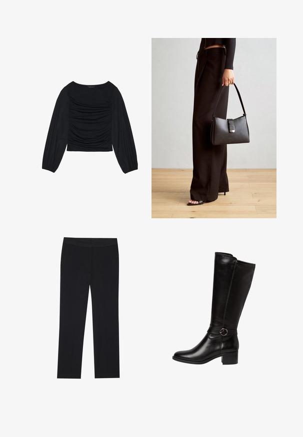 Top lung cu maneci lungi, de culoare neagră, având detalii din material plisat în față și la încheieturi, realizat dintr-un material moale și elastic, cu decolteu tip barcă.; Pantaloni negri cu un design drept, dotati cu buzunare laterale si o textura de material neteda. Detalii minimale, talie curata.; Botă din piele neagră, până la genunchi, cu vârf rotunjit, o bandă decorativă cu o cataramă circulară și un toc mic pătrat. Textură netedă, lucioasă.; Genți negre cu o formă structurată, textură netedă și un închizător metalic. Asortată cu pantaloni negri largi și sandale cu vârf deschis pe un podea din lemn.
