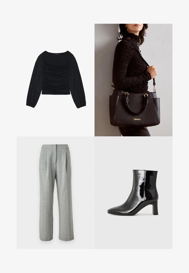 Svart langermet topp med rynket stoffdetalj foran og ved håndleddene, laget av mykt, elastisk materiale med båthals.; Grå, høy midje bukser laget av et mykt, teksturert stoff. Har to frontplisser og en rette ben-design, med knappelukking.; Sorte patentlær ankle boot med spiss tå og en mellomhøy blokkhelt. Glatt tekstur og minimalistisk design.; Svart håndveske med teksturert overflate, doble topphåndtak og justerbar skulderrem. Har detaljer i gulltone og sidelommer.