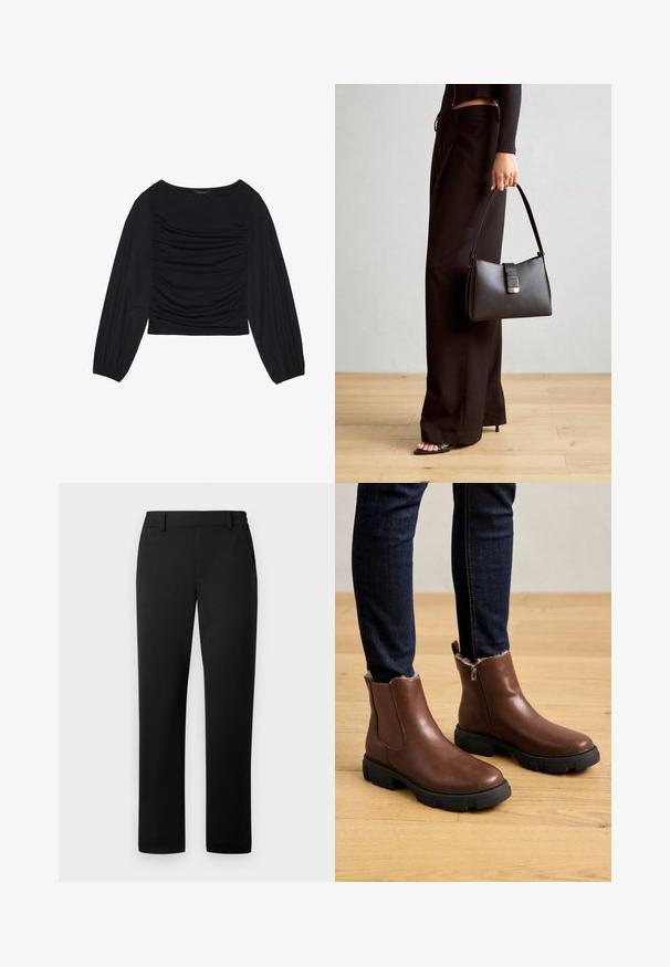 Black long-sleeve top featuring gathered fabric detail at the front and wrists, made of soft, stretchy material with a boat neckline.; Black trousers featuring a straight leg design, made from a smooth fabric with a tailored waistband and front pockets.; Brown leather ankle boots with a zip closure, textured surface, thick black rubber sole, and soft fur lining at the ankle.; Black handbag with structured shape, smooth texture, and a metallic clasp. Paired with wide black pants and open-toe sandals on wooden floor.