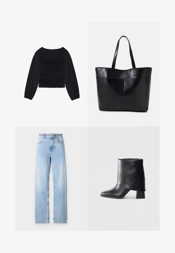 Crna bluzica dugih rukava s naboranim detaljima na prednjem dijelu i na zapešćima, izrađena od mekog, rastezljivog materijala s izrezom u obliku čamca.; Svijetloplavi široki traperice s visokim strukom, prednjim džepovima i dodatkom remena od lanca. Glatka tekstura s blagim izbljeđivanjem.; Crna kožna čizme do gležnja sa šiljastim prstom, glatke teksture i strukturiranim blok petom. Ima visoki, preklopljeni dizajn manžetne.; Crna kožna torba s dugim ručkama, glatkom teksturom i strukturiranim oblikom. Ima prednju džep za dodatno pohranu.