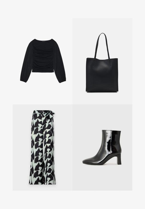 Svart langermet topp med rynket stoffdetalj foran og ved håndleddene, laget av mykt, elastisk materiale med båthals.; Bredde bukser i svart med mintgrønne abstrakte blomster mønstre. Har høyt liv med et knyttet belte for justerbar passform.; Sorte patentlær ankle boot med spiss tå og en mellomhøy blokkhelt. Glatt tekstur og minimalistisk design.; Svart lær tote bag med glatt tekstur, rektangulær form og to lange håndtak. Ingen synlige deler eller dekorasjoner.