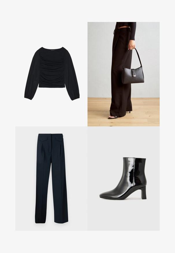 Črn top z dolgimi rokavi, ki se ponaša z nabranimi detajli na sprednji strani in zapestjih. Narejen je iz mehkega, raztegljivega materiala z obliko čolnastega izreza.; Mornarsko modri hlače z oblikovano zasnovo, dvema sprednjima nabora in dvema zadnjima žepoma. Narejene so iz gladkega materiala s pravim krojem.; Črne lakirane gležnjarje z ošiljenim nosom in srednje visokim blokastim peto. Gladka tekstura in minimalističen dizajn.; Črna torbica z strukturirano obliko, gladko teksturo in kovinskim zaponko. Ujemajo se z širokimi črnimi hlačami in odprtimi sandali na lesenem tleh.