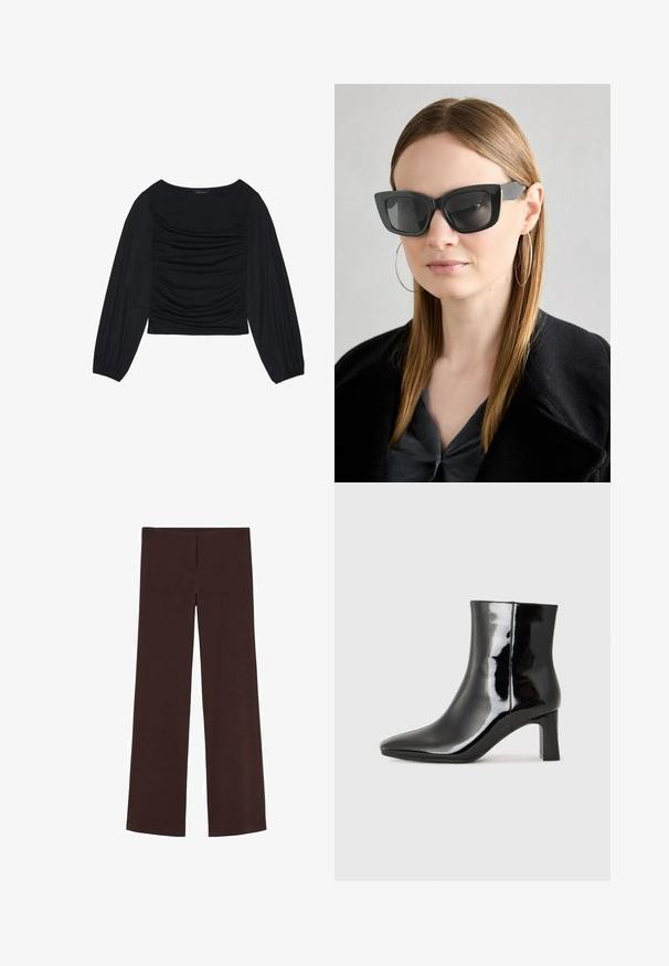 Top negro de manga larga con detalle de tela fruncida en la parte delantera y en las muñecas, confeccionado en un material suave y elástico con escote barco.; Pantalones de pierna ancha marrones, fabricados con una tela elástica. Presentan una textura suave y un diseño simple y limpio, sin adornos adicionales.; Botín de charol negro con punta afilada y un tacón de bloque de altura media. Textura suave y diseño minimalista.; Gafas de sol de gato negro con lentes oscuros, montura gruesa y acentos sutiles. Llevadas con un abrigo negro y una blusa gris, presentando cabello largo y liso.