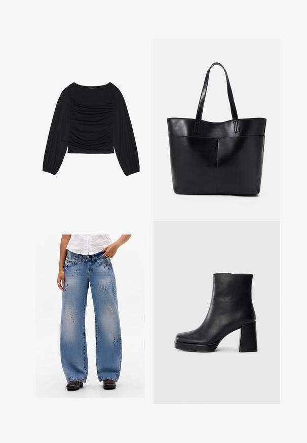 Svart långärmad topp med ruched detalj framtill och vid handleden, tillverkad av mjukt, stretchigt material med en båthals.; Person som bär vida blå jeans med urblekta fläckar och färgstänk, kombinerat med mörkbruna skor och en vit topp.; Svart läderankelboot med blockklack och platåsula, sedd från sidan på en enkel vit bakgrund.; Svart läder tote-väska med två långa handtag, en slät yta och en strukturerad form. Har en framficka för extra förvaring.