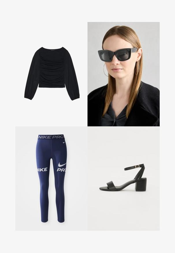 Top lung cu maneci lungi, de culoare neagră, având detalii din material plisat în față și la încheieturi, realizat dintr-un material moale și elastic, cu decolteu tip barcă.; Leggings atletice de culoare albastru marin, fabricate dintr-un material elastic, având inscripționate "NIKE" și "PRO" cu litere albe, îndrăznețe, pe părțile laterale și o talie cu un model.; Sandale cu toc înalt negre, cu un superior din piele netedă, vârf deschis, curele frontale late și curea pentru gleznă ajustabilă cu detaliu din aur.; Ochelari de soare negri tip cat-eye cu lentile întunecate, rame groase și accente subtile. Purtați cu o haină neagră și un top gri, având părul lung și drept.