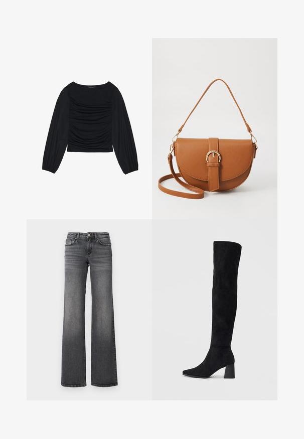 Musta pitkähihainen paita, jossa on kyynärpäissä ja edessä rypytetty kangasdetalji. Valmistettu pehmeästä, joustavasta materiaalista ja avokorcista kaula-aukosta.; Tummanharmaat suorat farkut, joissa on lievää kulumista reiden kohdalla ja perinteinen viiden taskun malli valkoista taustaa vasten.; Musta samettinen polvipitkä saapas, jossa on lohkarekorko, terävä nilkka ja sileä, saumatonta muotoilua tasaisella vaalealla taustalla.; Ruskean nahkainen olkalaukku, jossa on kaareva muoto, kultaiset yksityiskohdat ja solkiyksityiskohta. Varustettu irrotettavalla olkahihnalla.