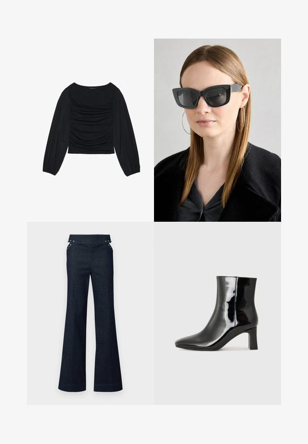 Juodas ilgomis rankovėmis viršus, su surinkta medžiaga priekyje ir ant riešų, pagamintas iš minkštos, elastingos medžiagos, su laivagalio kaklu.; Tamsiai mėlynos džinsinės plačios kelnės su aukštu liemeniu, turinčios šonines kišenes ir metalinius snapo mygtukus ant juosmens.; Juodos lakuotos odinės aulinukės su smailiu pirštu ir vidutinio aukščio blokuotu kulnu. Lygus paviršius ir minimalistinis dizainas.; Juodos katės akies saulės akiniai su tamsiais objektyvais, storo rėmo ir subtiliais akcentais. Dėvimi su juodu paltu ir pilku viršumi, turinčiu ilgus tiesius plaukus.