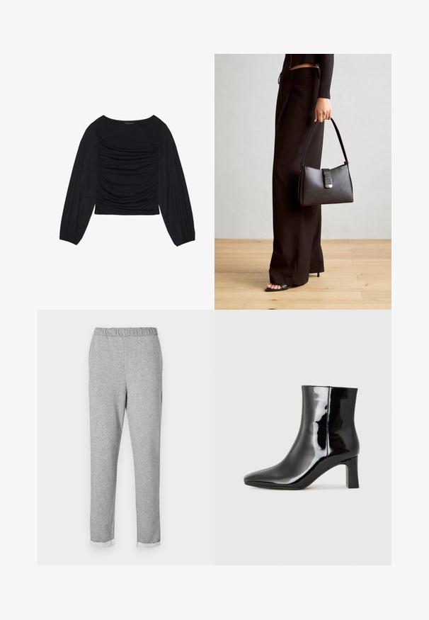 Crna bluzica dugih rukava s naboranim detaljima na prednjem dijelu i na zapešćima, izrađena od mekog, rastezljivog materijala s izrezom u obliku čamca.; Sive trenirke s elastičnim pojasom, suženim dizajnom nogavica i preklopom na rubu. Mekana tekstura bez vidljivih uzoraka ili akcenata.; Crne lakirane kožne gležnjače s šiljastim prstom i srednje visokom blok petom. Glatka tekstura i minimalistički dizajn.; Crna torba s oblikom koji sadrži strukturu, glađu teksturu i metalnu kopču. Uparena s širokim crnim hlačama i sandalama na otvorenom s drvenog poda.