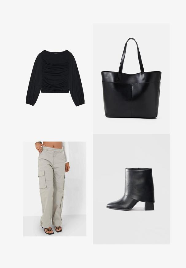 Top negro de manga larga con detalle de tela fruncida en la parte delantera y en las muñecas, confeccionado en un material suave y elástico con escote barco.; Pantalones cargo en un color beige claro, fabricados con un material duradero. Presentan piernas anchas, múltiples bolsillos laterales y un ajuste relajado con acentos de metal.; Bota de cuero negro hasta el tobillo con punta afilada, textura suave y un tacón bloque estructurado. Presenta un diseño de puño alto y doblado.; Bolso tote de cuero negro con dos asas largas, textura suave y forma estructurada. Cuenta con un bolsillo frontal para almacenamiento adicional.