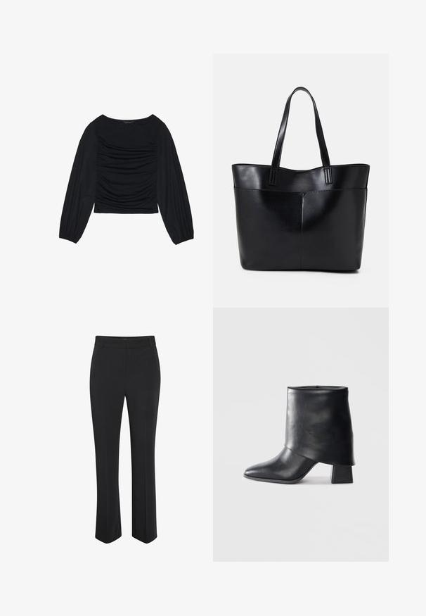 Czarna bluzka z długim rękawem, z marszczonym detalem z przodu i przy nadgarstkach, wykonana z miękkiego, elastycznego materiału z dekoltem w łódkę.; Czarne spodnie o dopasowanym kroju, wykonane z gładkiego materiału, z prostą nogawką i średnim stanem, bez dodatkowych akcentów czy wzorów.; Czarny skórzany botek za kostkę z ostrym noskiem, gładką fakturą i wyraźnie zdefiniowanym blokowym obcasem. Posiada wysoki, zwinięty mankiet.; Czarna skórzana torba na ramię z dwoma długimi uchwytami, gładką teksturą i sztywną formą. Posiada przednią kieszeń dla dodatkowego przechowywania.