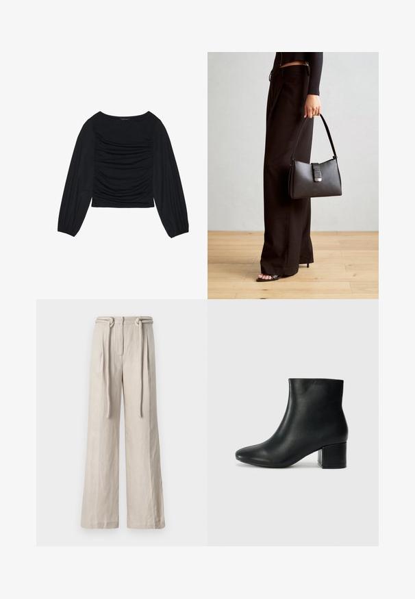 Schwarzes Langarmoberteil mit gerafftem Stoffdetail an der Vorderseite und an den Handgelenken, aus weichem, elastischem Material mit einem U-Boot-Ausschnitt.; Hochtaillierte, weitgeschnittene Hosen aus leichtem beigen Leinen mit vorderem Faltenwurf und gebundenem Gürtel-Detail. Glatte Textur und bequeme Passform.; Schwarze Leder-Ankle-Boots mit spitzem Zehenbereich und klobigem Absatz. Glatte Textur mit minimalen Akzenten und einem eleganten, taillierten Design.; Schwarze Handtasche mit strukturierter Form, glatter Textur und einem metallischen Verschluss. Kombiniert mit weiten schwarzen Hosen und offenen Sandalen auf einem Holzboden.