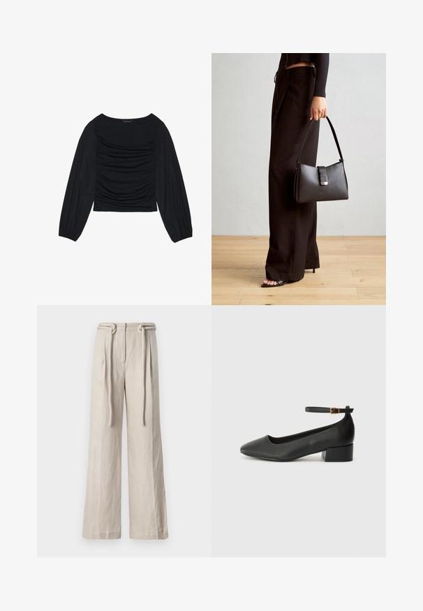 Zwarte longsleeve top met geplooid stofdetail aan de voorkant en bij de polsen, gemaakt van zachte, rekbare stof met een barco neckline.; Wijde broek in lichtbeige linnen met een hoge taille, voorplooien en een strikriemdetail. Soepele textuur en een ontspannen pasvorm.; Zwarte leren pump met een spitse neus en een lage blokhak. Beschikt over een enkelband met een goudkleurige gespsluiting. Gladde textuur.; Zwarte handtas met gestructureerde vorm, gladde textuur en een metalen sluiting. Gecombineerd met brede zwarte broeken en sandalen met open teen op een houten vloer.