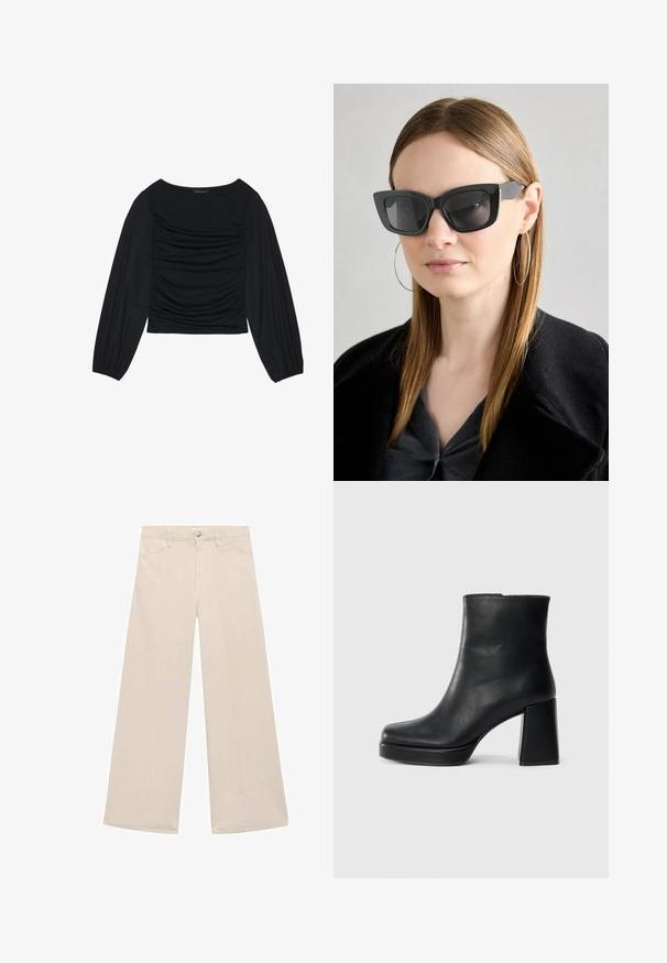 Černý top s dlouhým rukávem, který má na přední straně a zápěstích nařasený materiál. Je vyroben z měkkého, elastického materiálu a má lodní výstřih.; Bežové kalhoty s širokými nohavicemi vyrobené z bavlněné směsi. Obsahují přední kapsy a jeden kovový knoflík na zapínání v pase. Hladká textura.; Černý kožený kotníkový bot s blokovým podpatkem a platformou, viděný z boku na jednoduchém bílém pozadí.; Černé sluneční brýle ve stylu kočičího oka s tmavými skly, silnými rámy a jemnými detaily. Nosené s černým kabátem a šedým topem, s dlouhými rovnými vlasy.