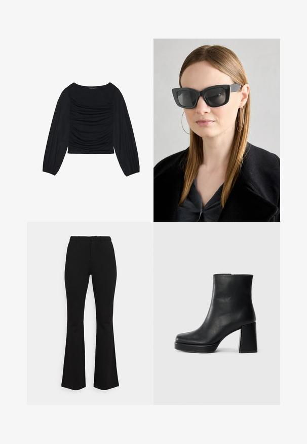 Musta pitkähihainen paita, jossa on kyynärpäissä ja edessä rypytetty kangasdetalji. Valmistettu pehmeästä, joustavasta materiaalista ja avokorcista kaula-aukosta.; Mustikkamustat leveälahkeiset housut, jotka on valmistettu joustavasta kankaasta. Ominaisuuksiin kuuluu istuva vyötärö, litteä etuosasuunnittelu ja huomaamaton sauman yksityiskohtaisuus. Yleisvaikutelma on sileä.; Musta nahkasaapas nilkkapituisena, jossa on paksu korko ja alustapohja, nähtynä sivulta yksinkertaisella valkoisella taustalla.; Mustan kissakuvioisen aurinkolasit tummilla linsseillä, paksuilla kehyksillä ja hillityillä yksityiskohdilla. Yhdistetty mustaan takkiin ja harmaaseen paitoihin, joissa on pitkät suorat hiukset.