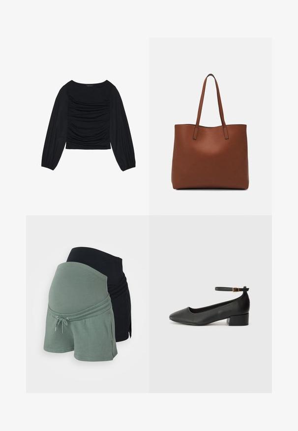 Black long-sleeve top featuring gathered fabric detail at the front and wrists, made of soft, stretchy material with a boat neckline.; Maternity shorts set in black and green. Soft cotton fabric, relaxed fit, adjustable waistband with drawstring, featuring a layered design.; Black leather pump with a pointed toe and a low block heel. Features an ankle strap with a gold-tone buckle. Smooth texture.; Brown leather tote bag with a smooth texture, open top design, and two shoulder straps. Features minimal stitching and no visible hardware.