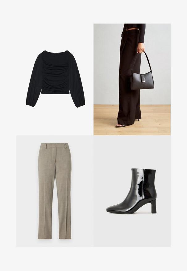 Juodas ilgomis rankovėmis viršus, su surinkta medžiaga priekyje ir ant riešų, pagamintas iš minkštos, elastingos medžiagos, su laivagalio kaklu.; Šviesiai pilki pritaikyti kelnės su tekstūruotu audiniu, tiesiais šonais ir klasikiniu juosmeniu. Yra subtilių juostelių detalė.; Juodos lakuotos odinės aulinukės su smailiu pirštu ir vidutinio aukščio blokuotu kulnu. Lygus paviršius ir minimalistinis dizainas.; Juodas rankinė struktūrizuota forma, lygi tekstūra ir metalinis užsegimas. Suporuota su plačiomis juodomis kelnėmis ir atvirais bateliais ant medinių grindų.