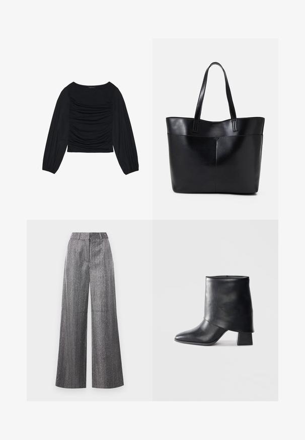 Black long-sleeve top featuring gathered fabric detail at the front and wrists, made of soft, stretchy material with a boat neckline.; YAS YASKAMO PANT - Trousers - black/silver; Black leather ankle boot with a pointed toe, smooth texture, and a structured block heel. Features a high, folded cuff design.; Black leather tote bag with two long handles, a smooth texture, and a structured shape. Features a front pocket for additional storage.