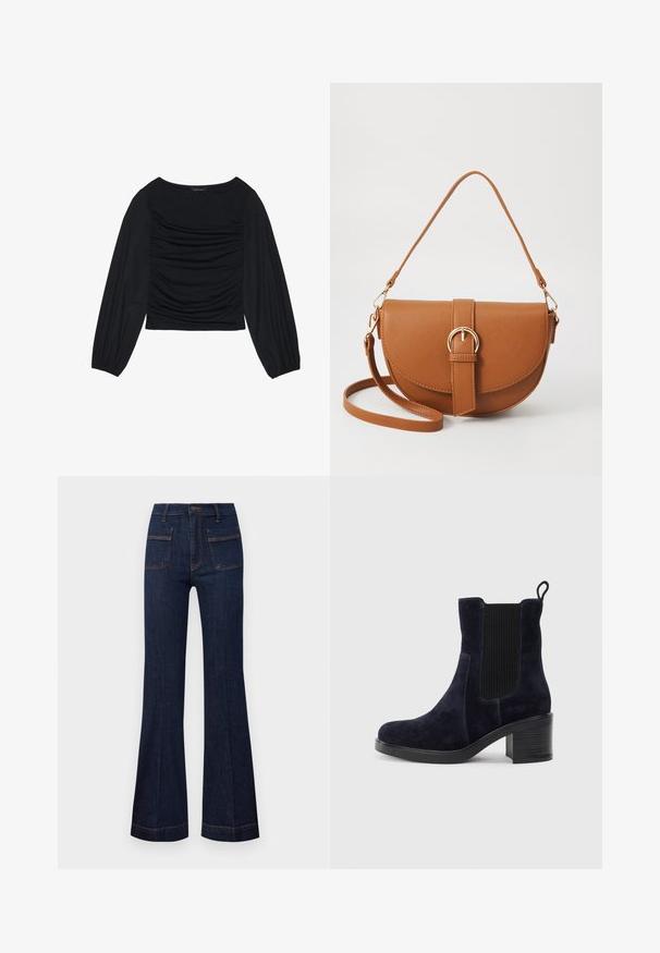 Zwarte longsleeve top met geplooid stofdetail aan de voorkant en bij de polsen, gemaakt van zachte, rekbare stof met een barco neckline.; Donker denim flared jeans met een getailleerde pasvorm, hoge taille en contrasterende oranje stiksels. Inclusief twee voor- en achterzakken.; Marineblauwe suède enkellaars met elastische zijpaneel, ronde neus en blokhak. Gemêleerd weefsel en een gladde zool voegen contrast toe.; Bruine leren schoudertas met een gebogen vorm, gouden hardware en een gespaccent. Bevat een afneembare schouderriem.