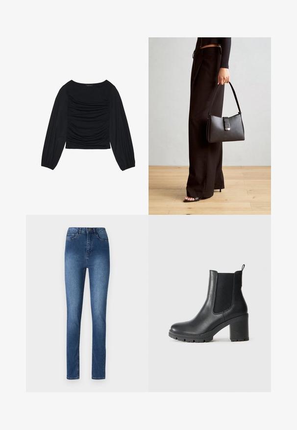 Crna bluzica dugih rukava s naboranim detaljima na prednjem dijelu i na zapešćima, izrađena od mekog, rastezljivog materijala s izrezom u obliku čamca.; Plave traperice slim fit kroja, s srednjim strukom, pet džepova i suptilnim detaljima šivanja. Glatka tekstura i klasičan dizajn.; Crne kožne gležnjače s elastičnim bočnim panelima, masivnim gumenim potplatom i visokom blok petom. Imaju ručku na stražnjem dijelu.; Crna torba s oblikom koji sadrži strukturu, glađu teksturu i metalnu kopču. Uparena s širokim crnim hlačama i sandalama na otvorenom s drvenog poda.