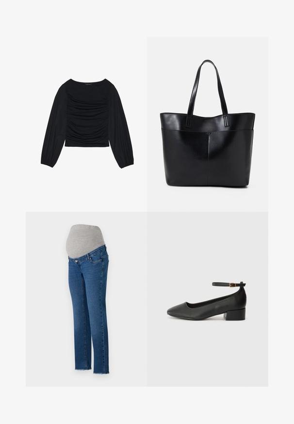 Fekete, hosszú ujjú felső, amely elől és a csuklónál ráncolt anyagrészletekkel rendelkezik, puha, rugalmas anyagból készült és csónaknyakú.; Kismama farmer, rugalmas szürke derékkal és világoskék farmer anyagból, egyenes szárú fazonnal és rojtos szegéllyel.; Fekete bőr magassarkú cipő hegyes orral és alacsony tömb sarkal. Bokapánttal rendelkezik, aranyszínű csattal. Simább textúra.; Fekete bőr bevásárlótáska két hosszú fogantyúval, sima felülettel és strukturált formával. Elülső zseb található rajta a plusz tárolás érdekében.