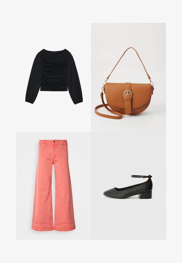 Zwarte longsleeve top met geplooid stofdetail aan de voorkant en bij de polsen, gemaakt van zachte, rekbare stof met een barco neckline.; Koraalkleurige wijde broek van katoen met vijf zakken, metalen hardware en een nette afwerking aan de zomen. Voorzien van een klassieke knoop- en ritsluiting.; Zwarte leren pump met een spitse neus en een lage blokhak. Beschikt over een enkelband met een goudkleurige gespsluiting. Gladde textuur.; Bruine leren schoudertas met een gebogen vorm, gouden hardware en een gespaccent. Bevat een afneembare schouderriem.