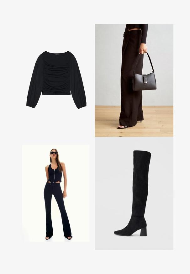 Top lung cu maneci lungi, de culoare neagră, având detalii din material plisat în față și la încheieturi, realizat dintr-un material moale și elastic, cu decolteu tip barcă.; Top scurt negru cu fermoar în față, asortat cu pantaloni evazați negri cu talie înaltă. Modelul poartă ochelari de soare întunecați și sandale cu toc înalt.; Cizme negre din suede, cu toc bloc, vârf ascuțit și un design neted, fără cusături, pe un fundal deschis.; Genți negre cu o formă structurată, textură netedă și un închizător metalic. Asortată cu pantaloni negri largi și sandale cu vârf deschis pe un podea din lemn.