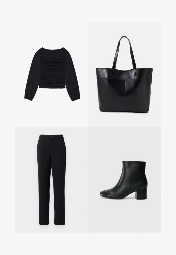 Fekete, hosszú ujjú felső, amely elől és a csuklónál ráncolt anyagrészletekkel rendelkezik, puha, rugalmas anyagból készült és csónaknyakú.; Fekete nadrág, egyenes szárú kialakítással, sima anyagból készült. Elöl gombos záródással és oldalsó zsebekkel rendelkezik.; Fekete bőr bokacsizma hegyes orral és vastag sarokkal. Sima felület minimális díszítéssel és karcsú, passzos kialakítással.; Fekete bőr bevásárlótáska két hosszú fogantyúval, sima felülettel és strukturált formával. Elülső zseb található rajta a plusz tárolás érdekében.