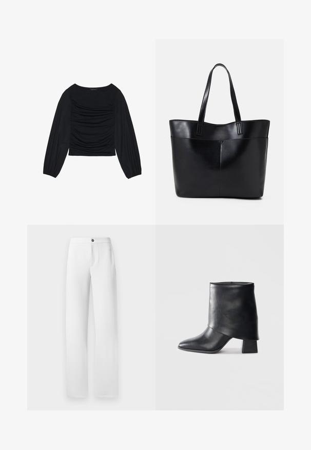 Black long-sleeve top featuring gathered fabric detail at the front and wrists, made of soft, stretchy material with a boat neckline.; White trousers made of smooth fabric, featuring a straight-leg design, a single button closure, and side pockets. Simple and clean finish.; Black leather ankle boot with a pointed toe, smooth texture, and a structured block heel. Features a high, folded cuff design.; Black leather tote bag with two long handles, a smooth texture, and a structured shape. Features a front pocket for additional storage.