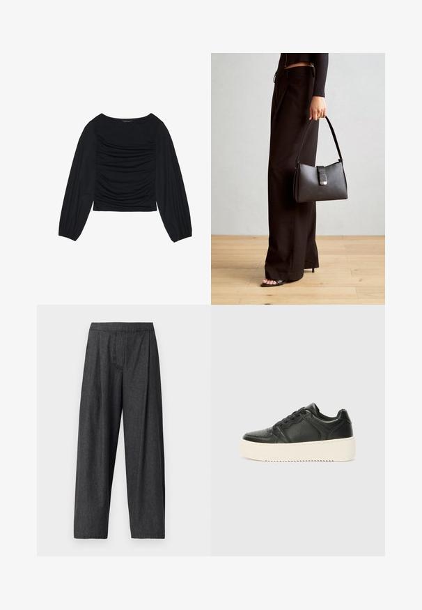 Juodas ilgomis rankovėmis viršus, su surinkta medžiaga priekyje ir ant riešų, pagamintas iš minkštos, elastingos medžiagos, su laivagalio kaklu.; Plati kojinėmis anglies džinsų kelnės su aukštu liemeniu, su priekinėmis raukinėmis ir standartinėmis diržo kilpomis. Pagamintos iš lygaus, tekstūruoto audinio.; Juodų odinių sportbačių su lygiu paviršiumi, storu kreminės spalvos padu, apvaliu pirštu ir klasikiniu raištelių užsegimu. Subtilios siuvimo detalės.; Juodas rankinė struktūrizuota forma, lygi tekstūra ir metalinis užsegimas. Suporuota su plačiomis juodomis kelnėmis ir atvirais bateliais ant medinių grindų.