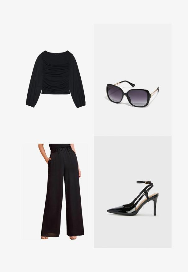 Črn top z dolgimi rokavi, ki se ponaša z nabranimi detajli na sprednji strani in zapestjih. Narejen je iz mehkega, raztegljivega materiala z obliko čolnastega izreza.; Črne široke hlače z ohlapnim elastičnim pasom, stranskimi žepi in gladkim, lahkim materialom, ki se elegantno pada.; Črne lakaste usnjene čevlje na visoki peti z odprtim petnim delom, usnjeni trak za prilagoditev okrog gležnja in z ozkimi stranskimi odprtinami. Gladka tekstura.; Črne prevelike sončne očala z degradacijskimi lečami, debelimi okvirji in zlatimi verižicami na ročajih.; Črna torbica z strukturirano obliko, gladko teksturo in kovinskim zaponko. Ujemajo se z širokimi črnimi hlačami in odprtimi sandali na lesenem tleh.
